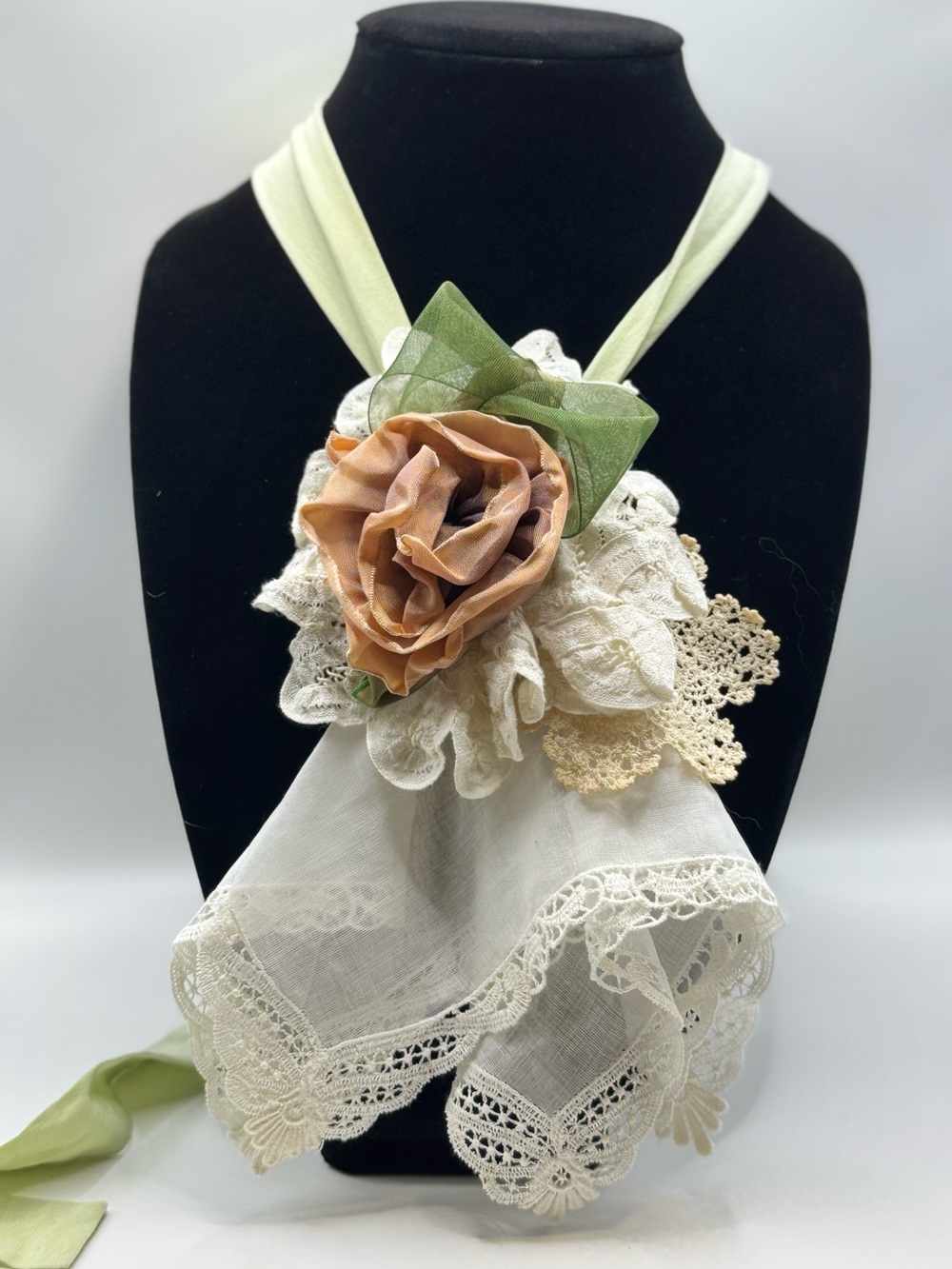 Jabot Antique Doilies Hankie Rose  
Necklace Vintage Silk Ribbon Tie Upcycled
